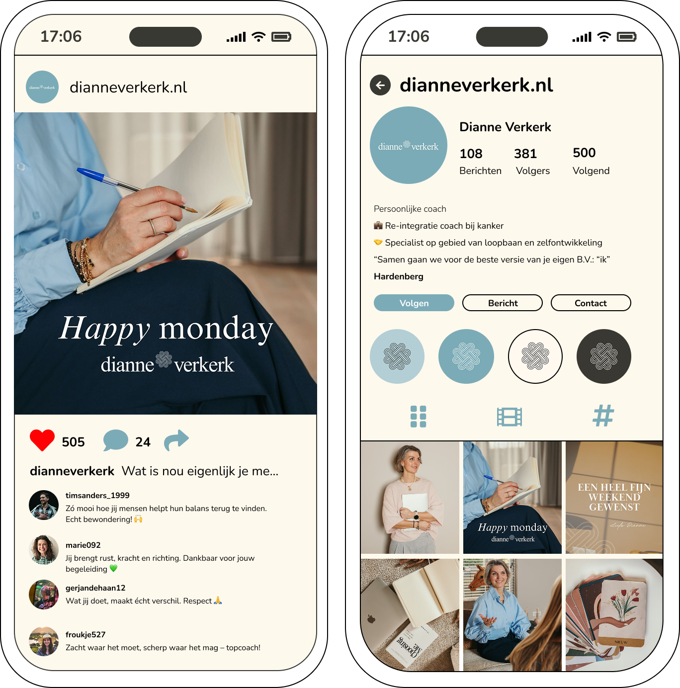 Instagram-profiel van Dianne Verkerk, loopbaancoach en re-integratiecoach, met focus op persoonlijke ontwikkeling, balans en werkgeluk – Happy Monday post in beeld.